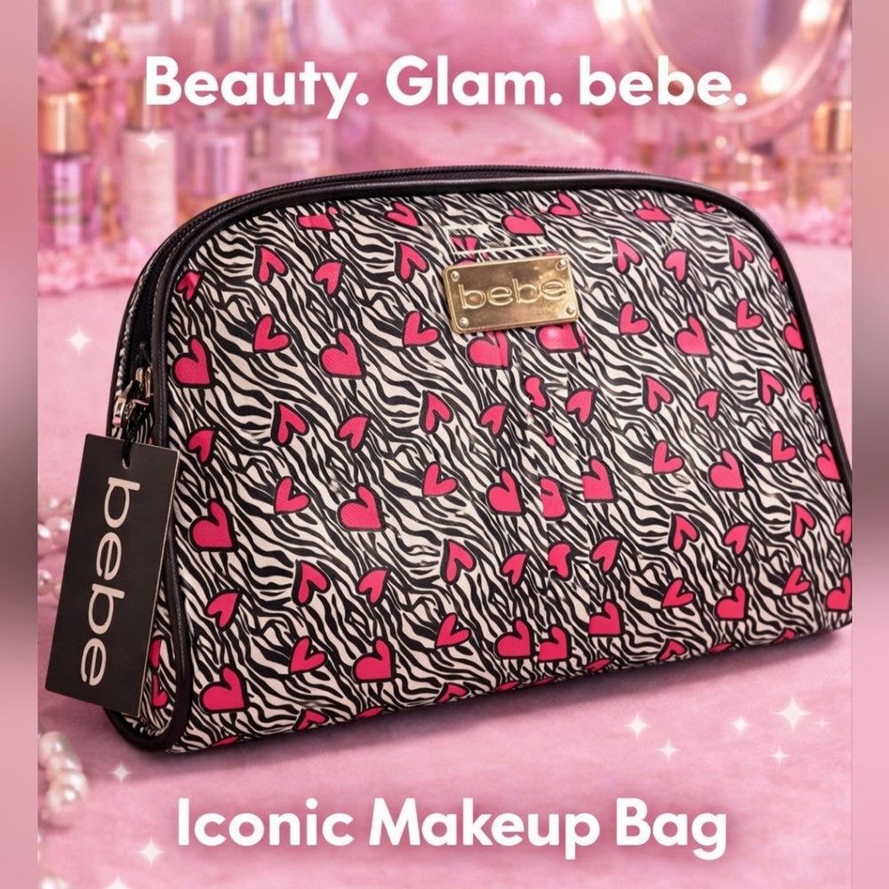 BEBE Zebra Heart Mini Zip Pouch | Makeup, Purse Organizer, Travel Bag (8 x 11)